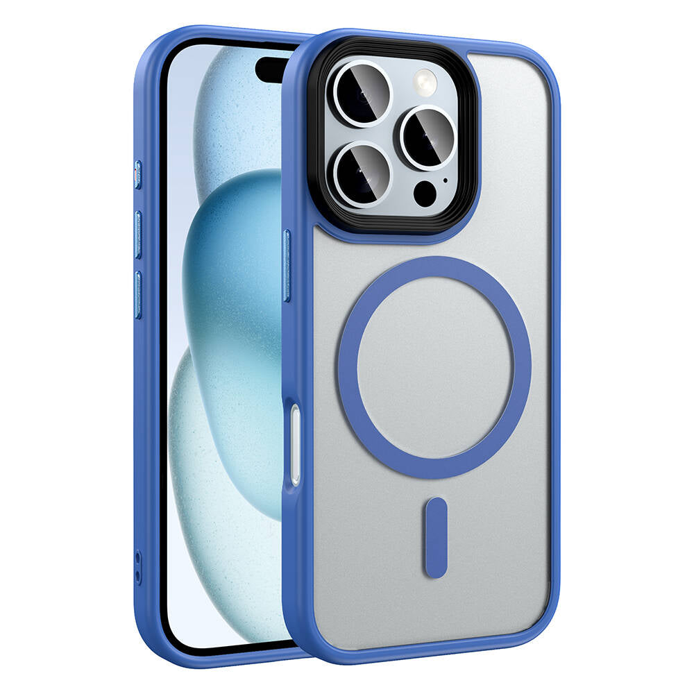 Apple iPhone 16 Pro Max Kılıf Mat Arka Yüzey Wireless Şarj Özellikli Zore Flet M-safe Kapak Mavi
