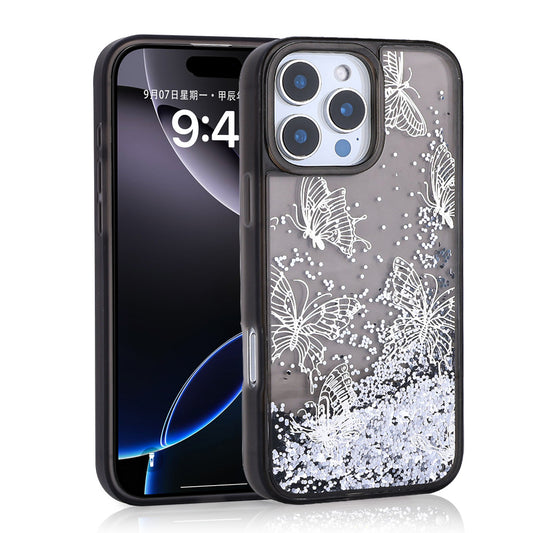 Apple iPhone 16 Pro Max Kılıf Sıvılı Simli Kelebek Baskılı Şeffaf Arka Yüzey Zore Glis Silikon Kapak Siyah