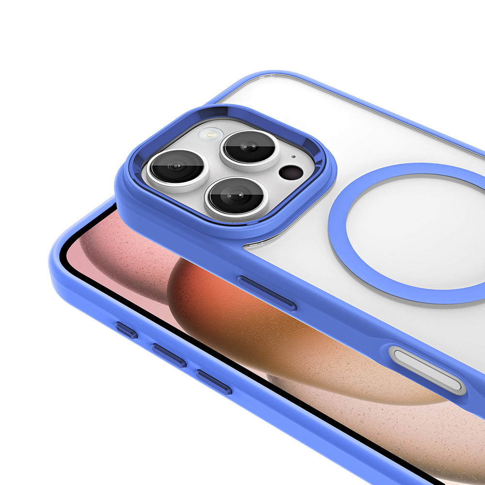 Apple iPhone 16 Pro Max Kılıf Wireless Şarj Özellikli Zore Krom M-safe Silikon Kapak Mavi