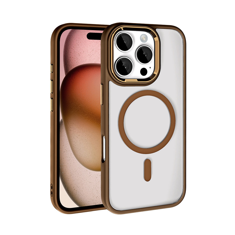 Apple iPhone 16 Pro Max Kılıf Wireless Şarj Özellikli Zore Krom M-safe Silikon Kapak Rose Brown
