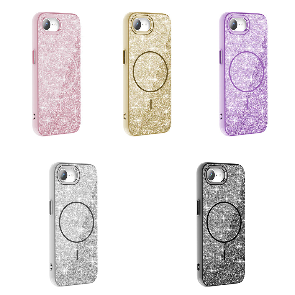 Apple iPhone 16E Kılıf M-safe Şarj Özellikli Parlayan Simli Zore Okso Kapak Beyaz