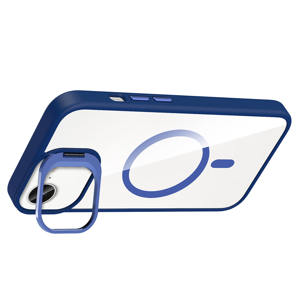 Apple iPhone 16E Kılıf Standlı ve Kamera Lens Hediyeli M-Safe Şarj Özellikli Zore Etro Kapak Lacivert