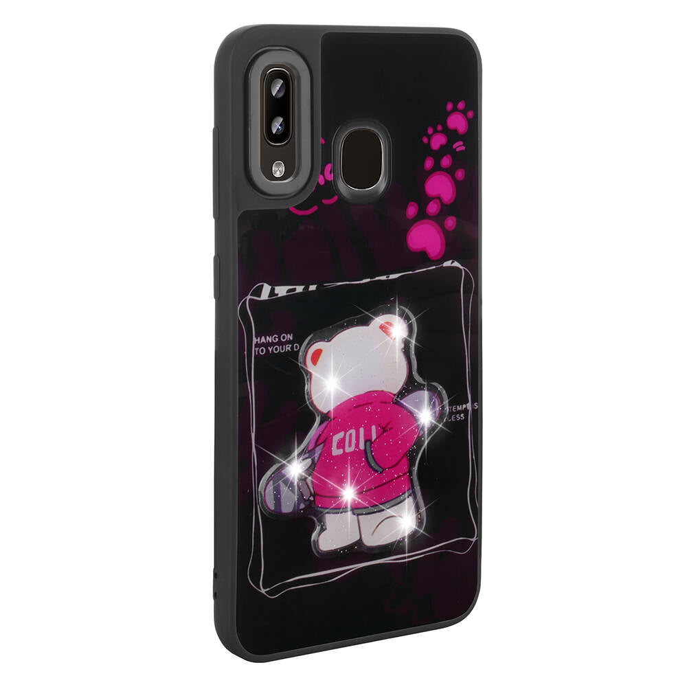 Galaxy A20 Kılıf Parlayan Kabartmalı İkonik Figürlü Zore Amas Silikon Kapak Pembe