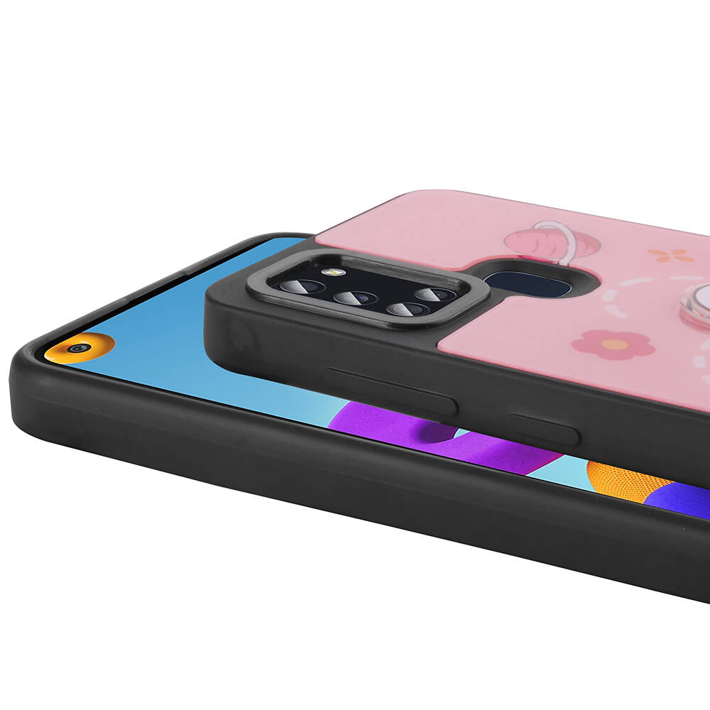 Galaxy A21S Kılıf Parlayan Kabartmalı İkonik Figürlü Zore Amas Silikon Kapak Pembe