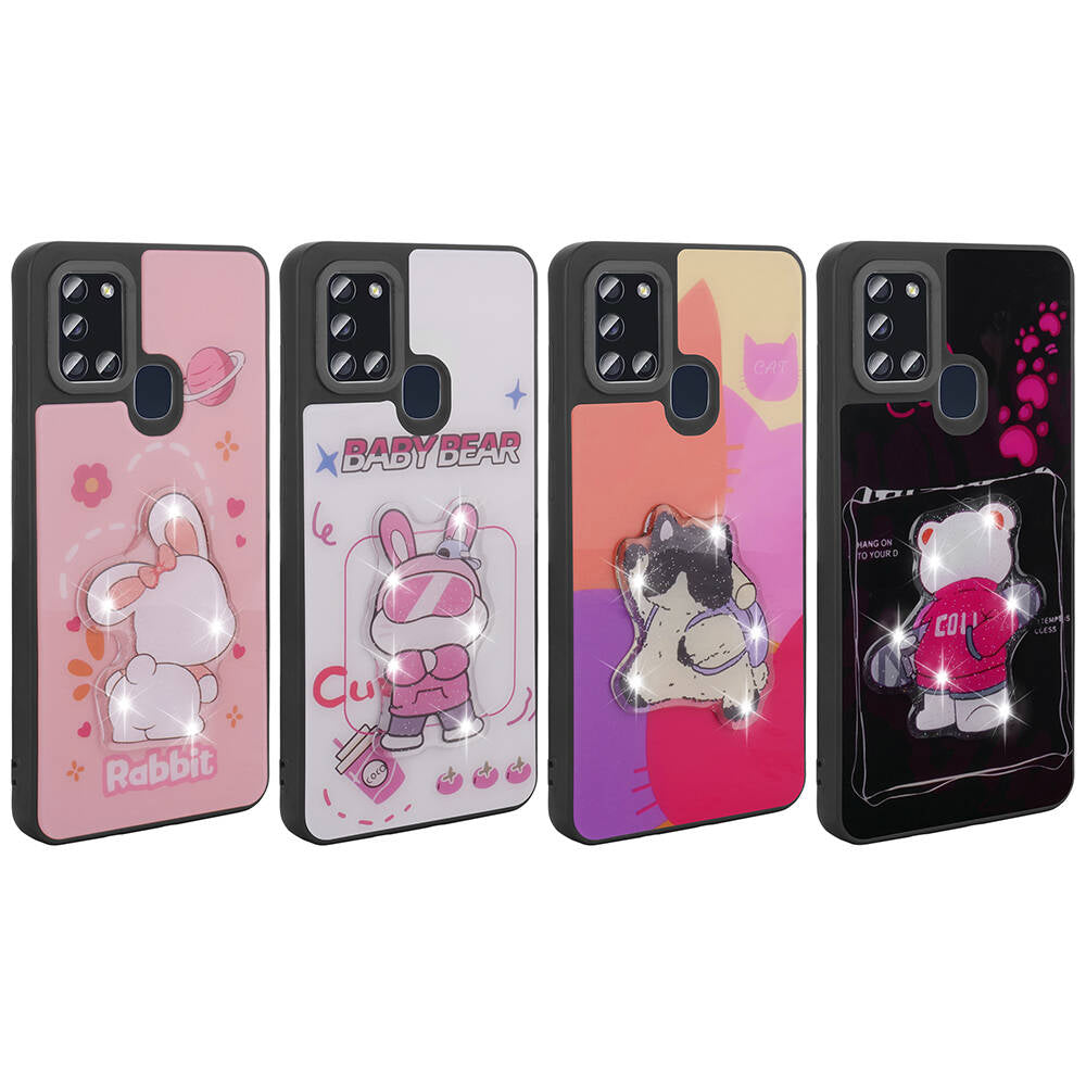 Galaxy A21S Kılıf Parlayan Kabartmalı İkonik Figürlü Zore Amas Silikon Kapak Mor