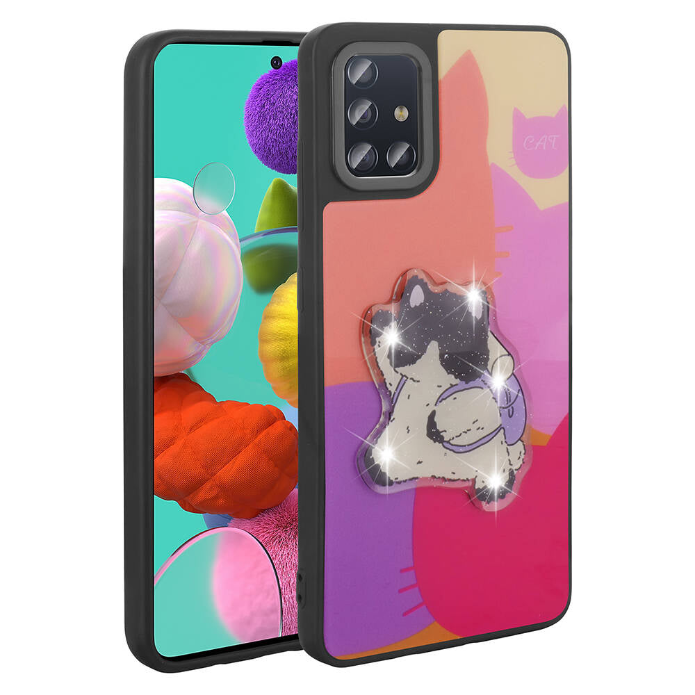 Galaxy A51 Kılıf Parlayan Kabartmalı İkonik Figürlü Zore Amas Silikon Kapak Mor