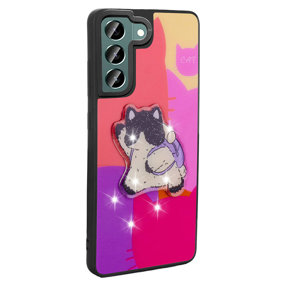 Galaxy S21 FE Kılıf Parlayan Kabartmalı İkonik Figürlü Zore Amas Silikon Kapak Pembe