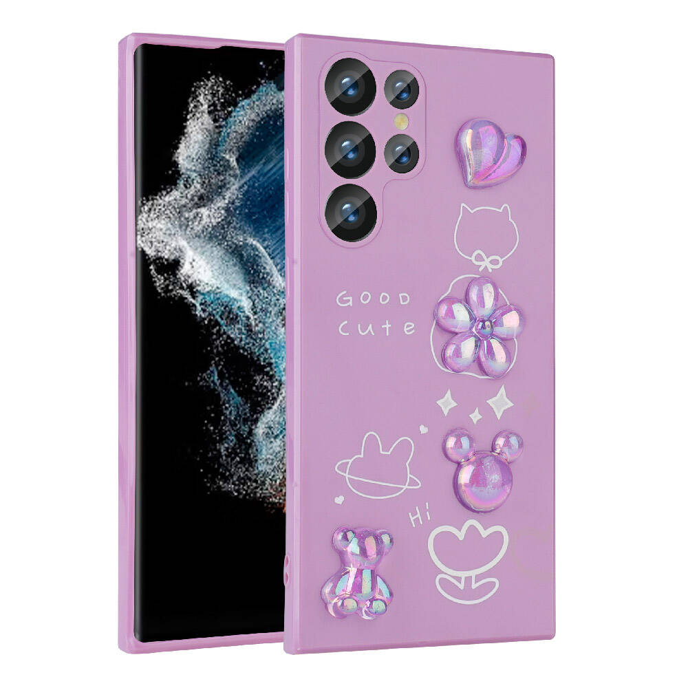Galaxy S22 Ultra Kılıf Kabartma Figürlü Parlak Zore Toys Silikon Kapak Mor