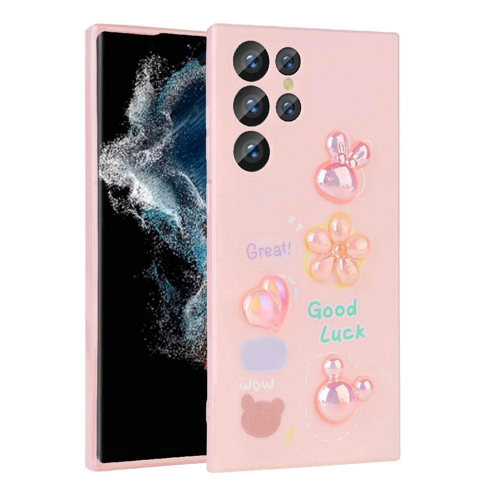 Galaxy S23 Ultra Kılıf Kabartma Figürlü Parlak Zore Toys Silikon Kapak Pembe