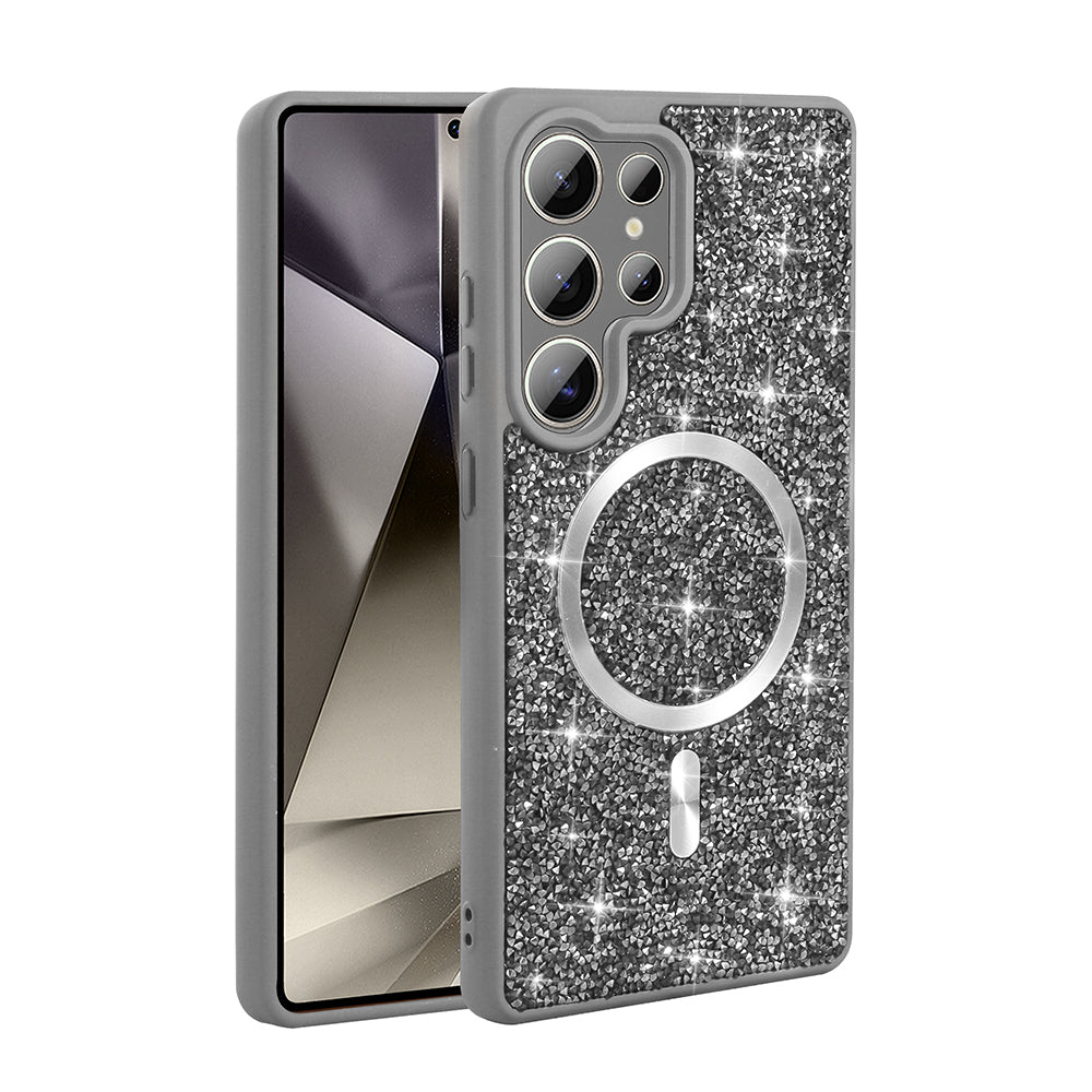 Galaxy S25 Ultra Kılıf Pırlanta Tasarımlı M-safe Şarj Özellikli Zore Mozaik Silikon Kapak Desert Titanyum
