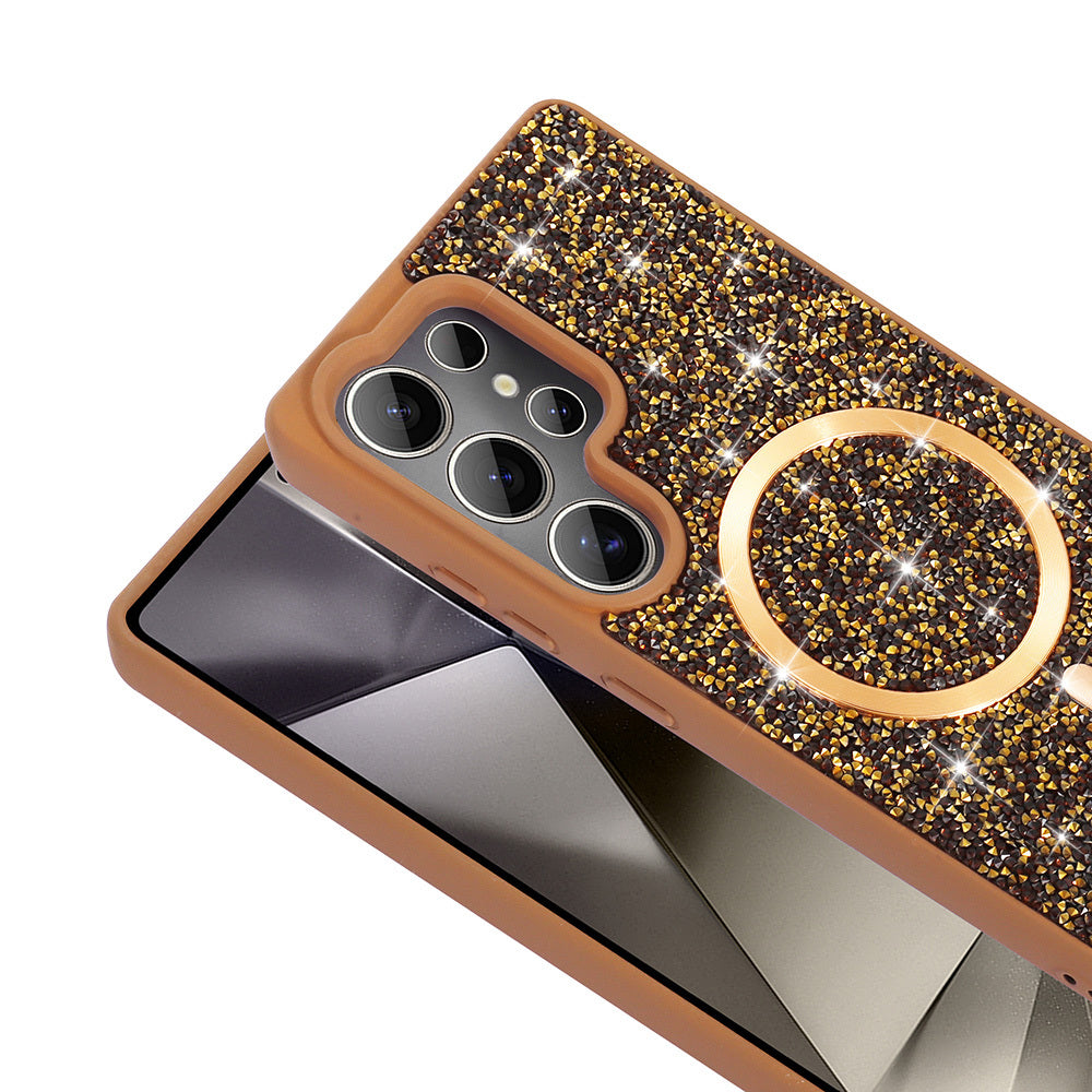 Galaxy S25 Ultra Kılıf Pırlanta Tasarımlı M-safe Şarj Özellikli Zore Mozaik Silikon Kapak Titanyum-Gri