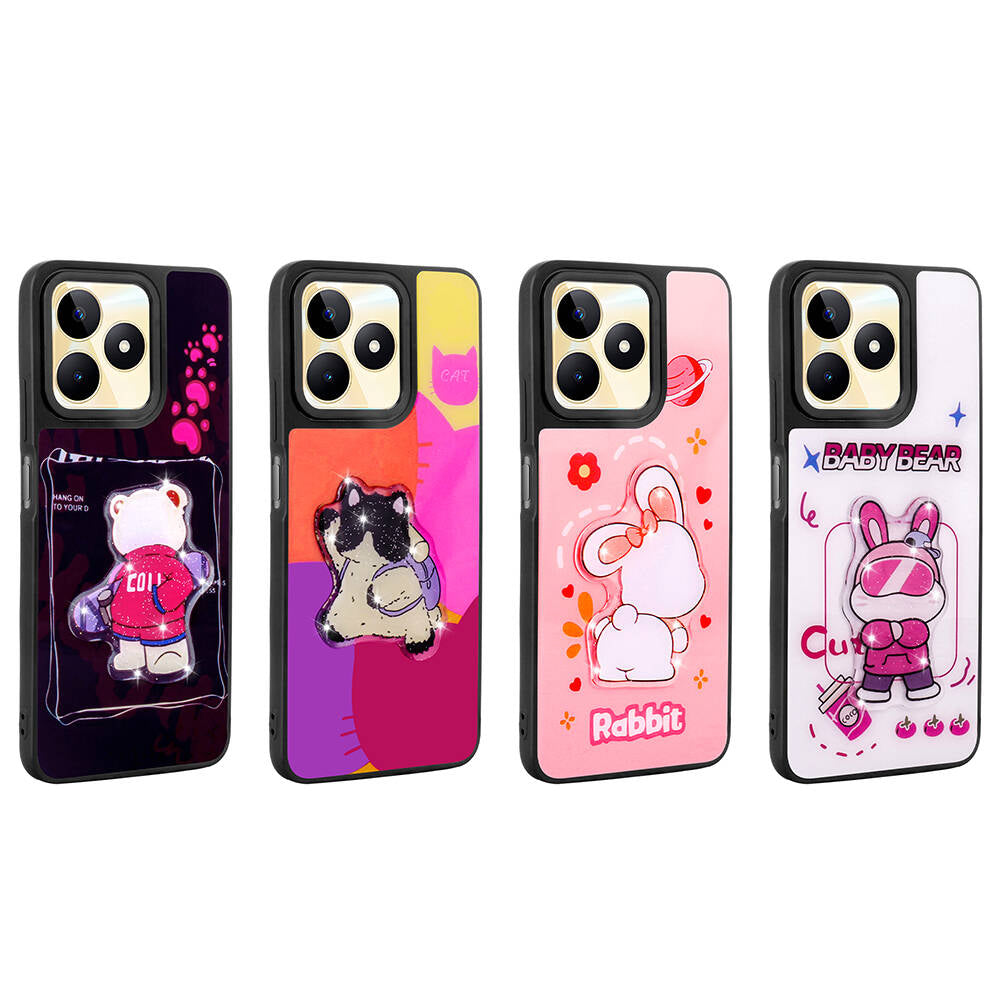 Realme C53 Kılıf Parlayan Kabartmalı İkonik Figürlü Zore Amas Silikon Kapak Pembe