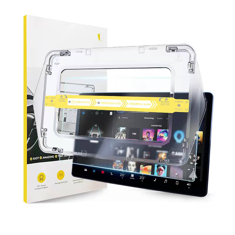 Tesla Model S Araç Multimedya Ekran Koruyucu AR Oleofobik Uygulama Aparatlı Zore Premium Temperli Cam Ekran Koruyucu Şeffaf