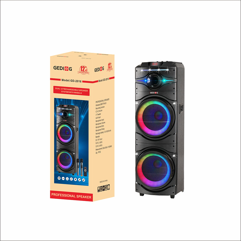 Zore GD-2016 Dijital LED Göstergeli FM Radyolu Mikrofonlu RGB TWS Çift 12 inç Stereo Bass Kablosuz Karaoke Hoparlör Siyah