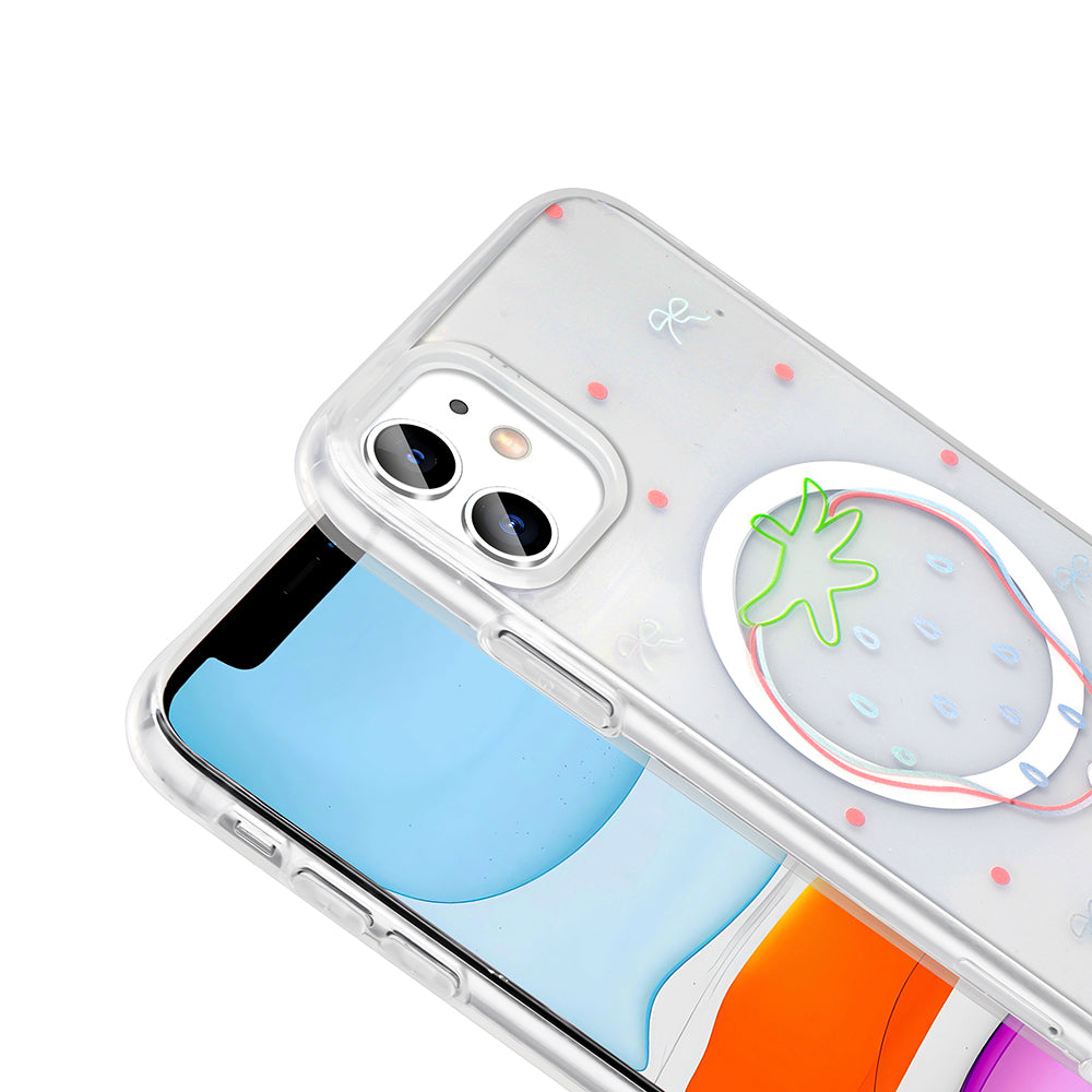 Apple iPhone 11 Kılıf M-Safe Şarj Özellikli Şeffaf Zore Folk Sert Kapak Çilek