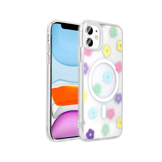 Apple iPhone 11 Kılıf M-Safe Şarj Özellikli Şeffaf Zore Folk Sert Kapak Papatya