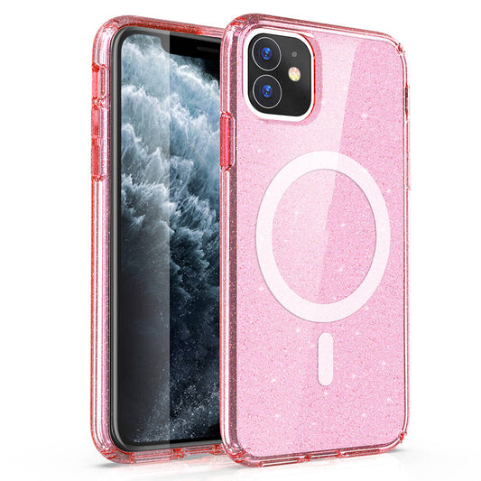 Apple iPhone 11 Kılıf M-safe Şarj Özellikli Parlayan Simli Saydam Renkli Zore Allstar Kapak Pembe