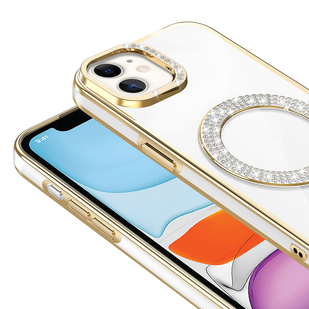 Apple iPhone 12 Kılıf Pırlanta Taş Tasarımlı M-safe Şarj Özellikli Zore Karetta Silikon Kapak Siyah