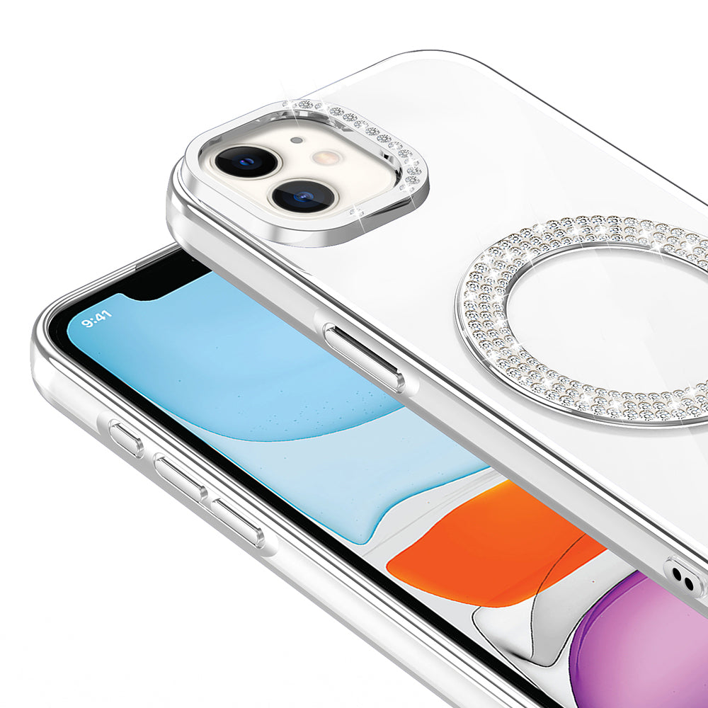 Apple iPhone 12 Kılıf Pırlanta Taş Tasarımlı M-safe Şarj Özellikli Zore Karetta Silikon Kapak Gümüş
