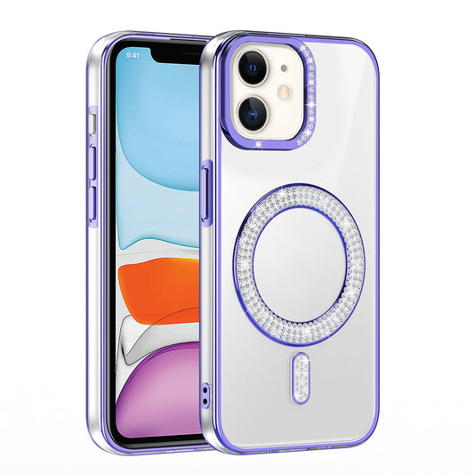 Apple iPhone 12 Kılıf Pırlanta Taş Tasarımlı M-safe Şarj Özellikli Zore Karetta Silikon Kapak Mor