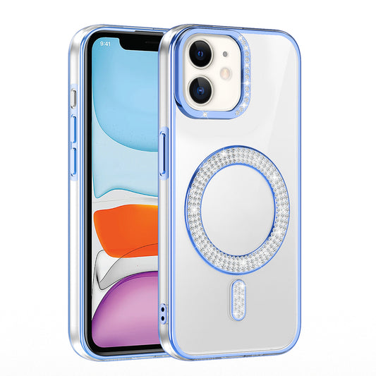 Apple iPhone 12 Kılıf Pırlanta Taş Tasarımlı M-safe Şarj Özellikli Zore Karetta Silikon Kapak Mavi