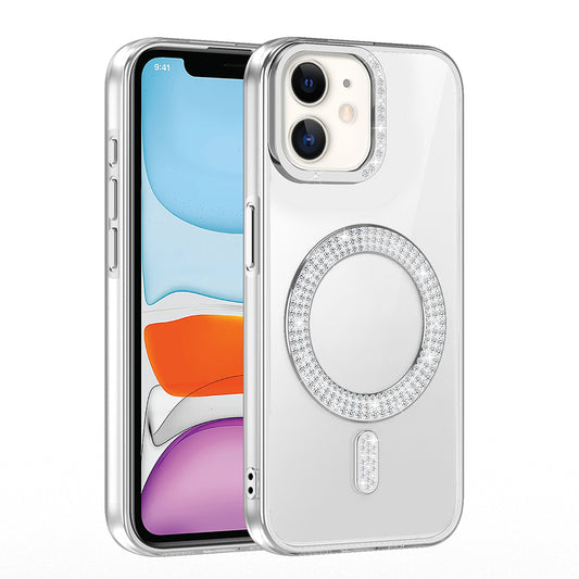 Apple iPhone 12 Kılıf Pırlanta Taş Tasarımlı M-safe Şarj Özellikli Zore Karetta Silikon Kapak Gümüş