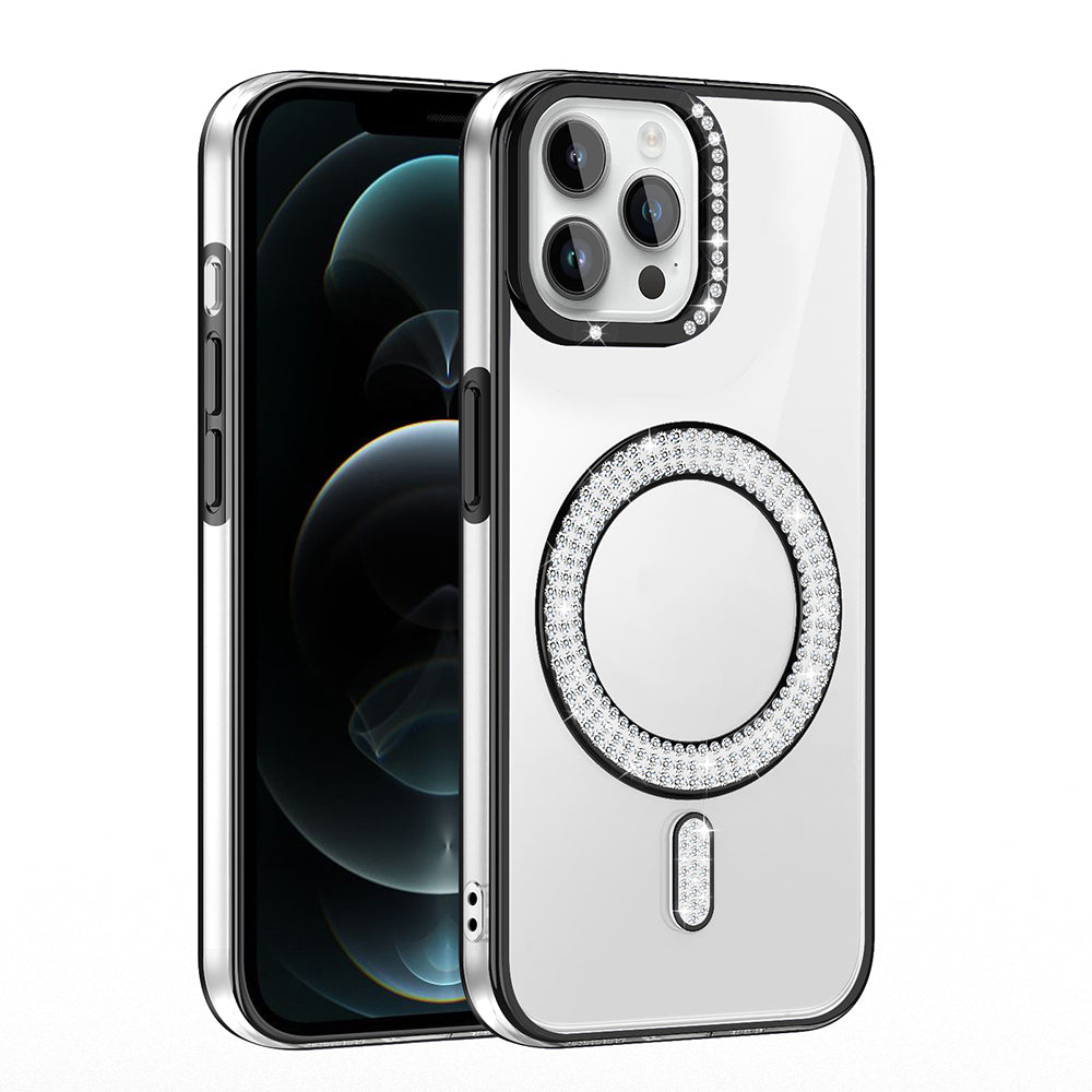 Apple iPhone 12 Pro Kılıf Pırlanta Taş Tasarımlı M-safe Şarj Özellikli Zore Karetta Silikon Kapak Mor