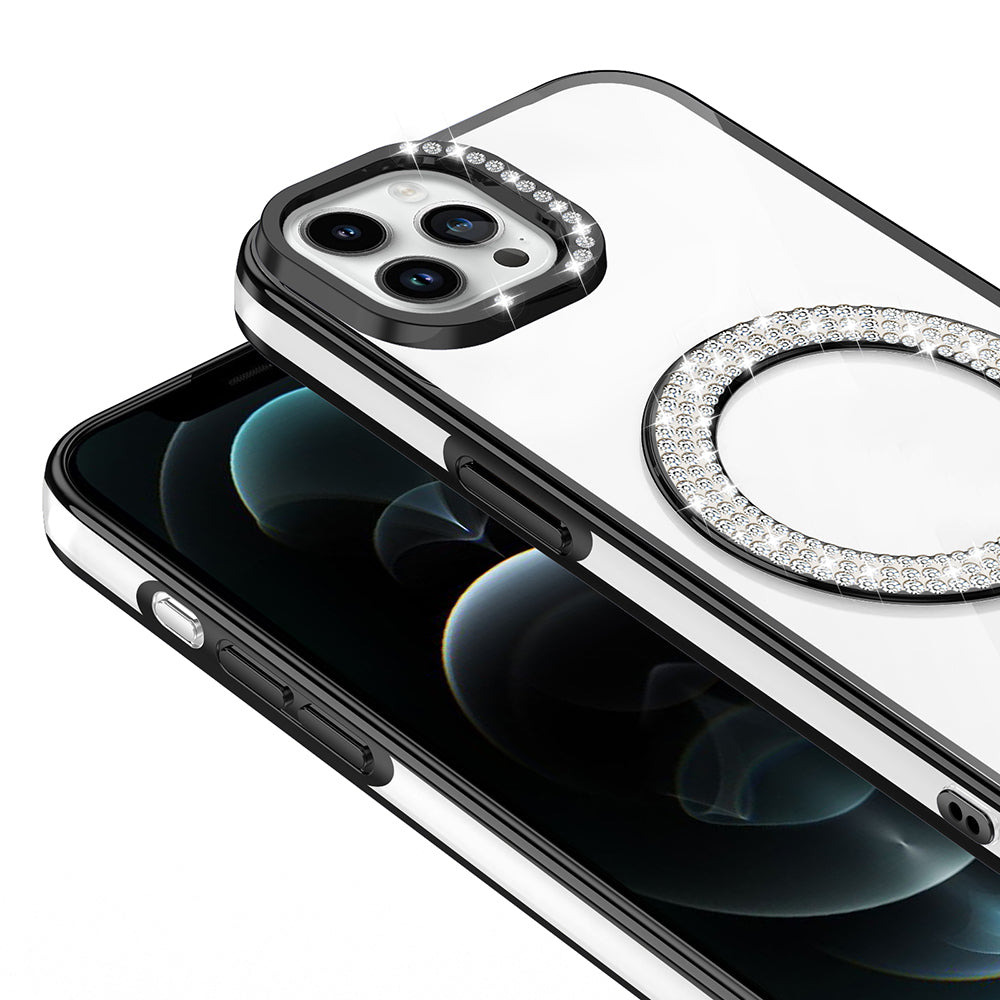 Apple iPhone 12 Pro Kılıf Pırlanta Taş Tasarımlı M-safe Şarj Özellikli Zore Karetta Silikon Kapak Mor