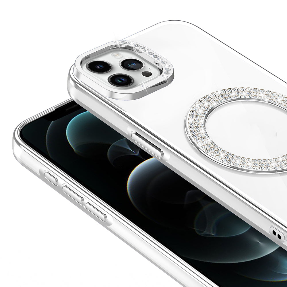 Apple iPhone 12 Pro Kılıf Pırlanta Taş Tasarımlı M-safe Şarj Özellikli Zore Karetta Silikon Kapak Gümüş