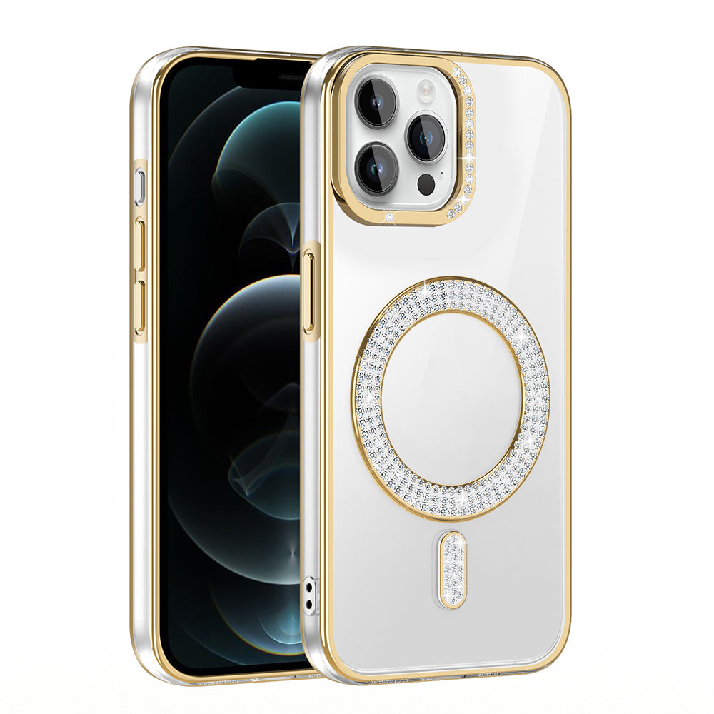 Apple iPhone 12 Pro Kılıf Pırlanta Taş Tasarımlı M-safe Şarj Özellikli Zore Karetta Silikon Kapak Gold