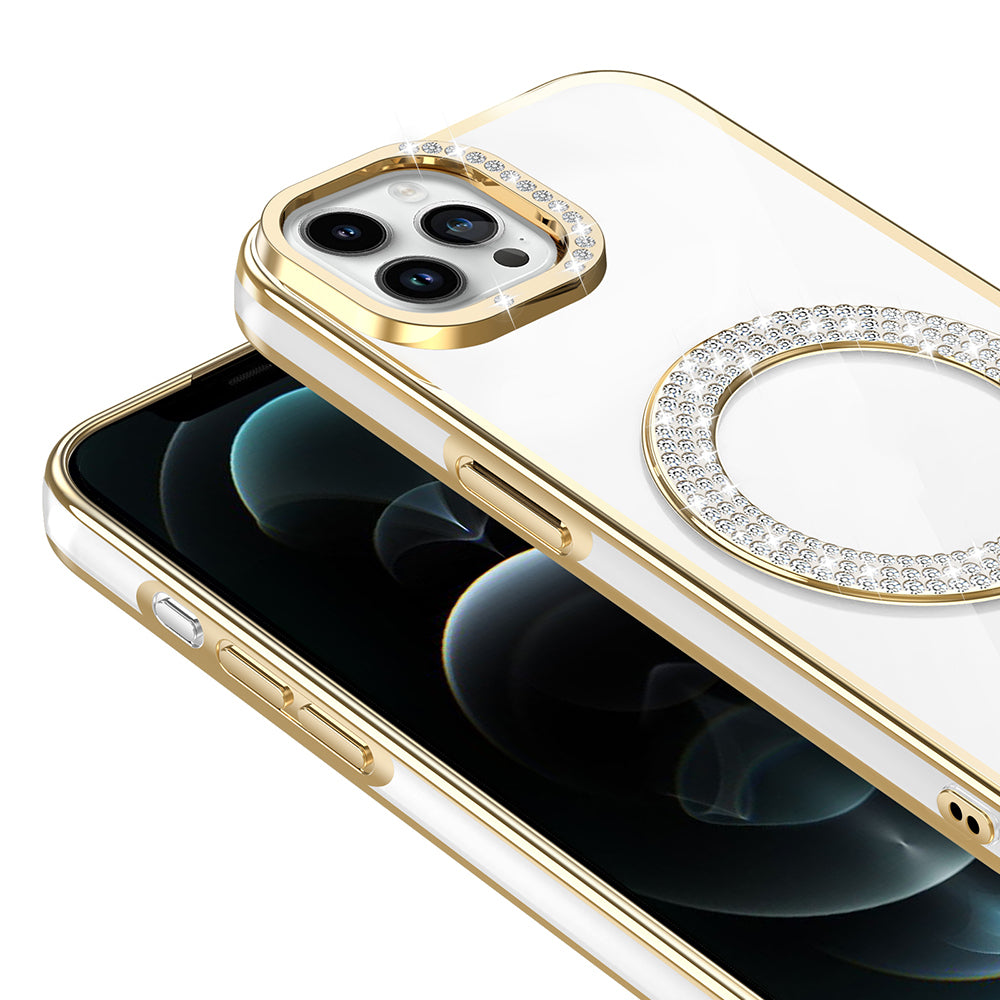 Apple iPhone 12 Pro Kılıf Pırlanta Taş Tasarımlı M-safe Şarj Özellikli Zore Karetta Silikon Kapak Mor