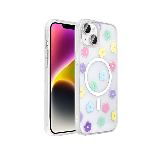 Apple iPhone 13 Kılıf M-Safe Şarj Özellikli Şeffaf Zore Folk Sert Kapak Papatya