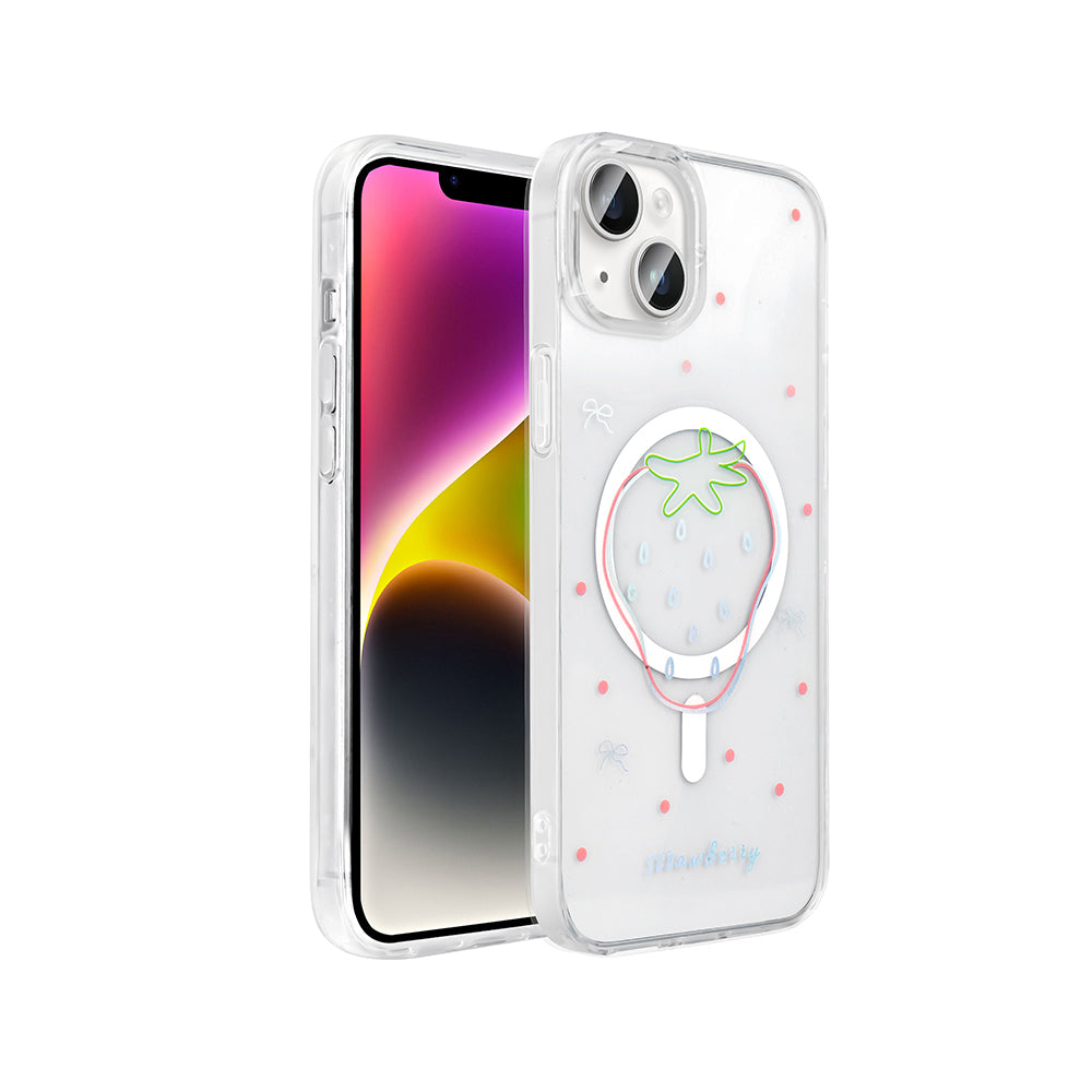 Apple iPhone 13 Kılıf M-Safe Şarj Özellikli Şeffaf Zore Folk Sert Kapak Çilek