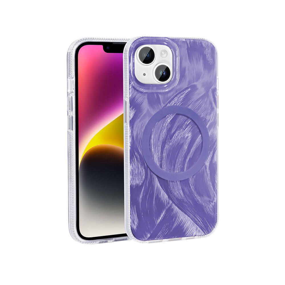 Apple iPhone 13 Kılıf M-safe Şarj Özellikli Fırça Boya Desenli Zore Palet Kapak Mor