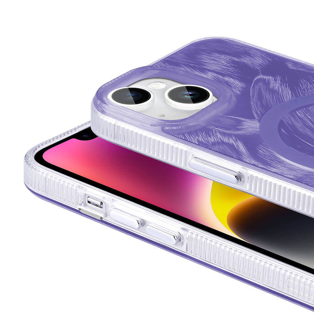 Apple iPhone 13 Kılıf M-safe Şarj Özellikli Fırça Boya Desenli Zore Palet Kapak Gri