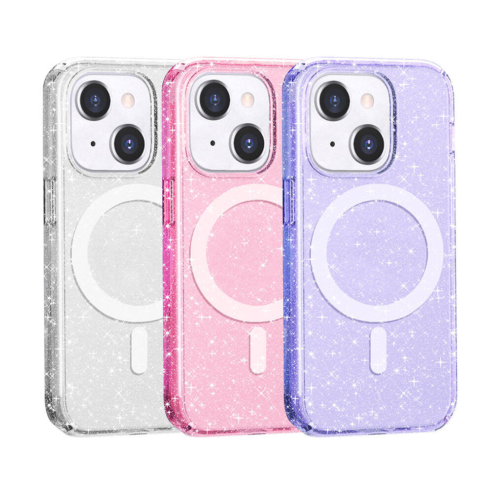 Apple iPhone 13 Kılıf M-safe Şarj Özellikli Parlayan Simli Saydam Renkli Zore Allstar Kapak Mor
