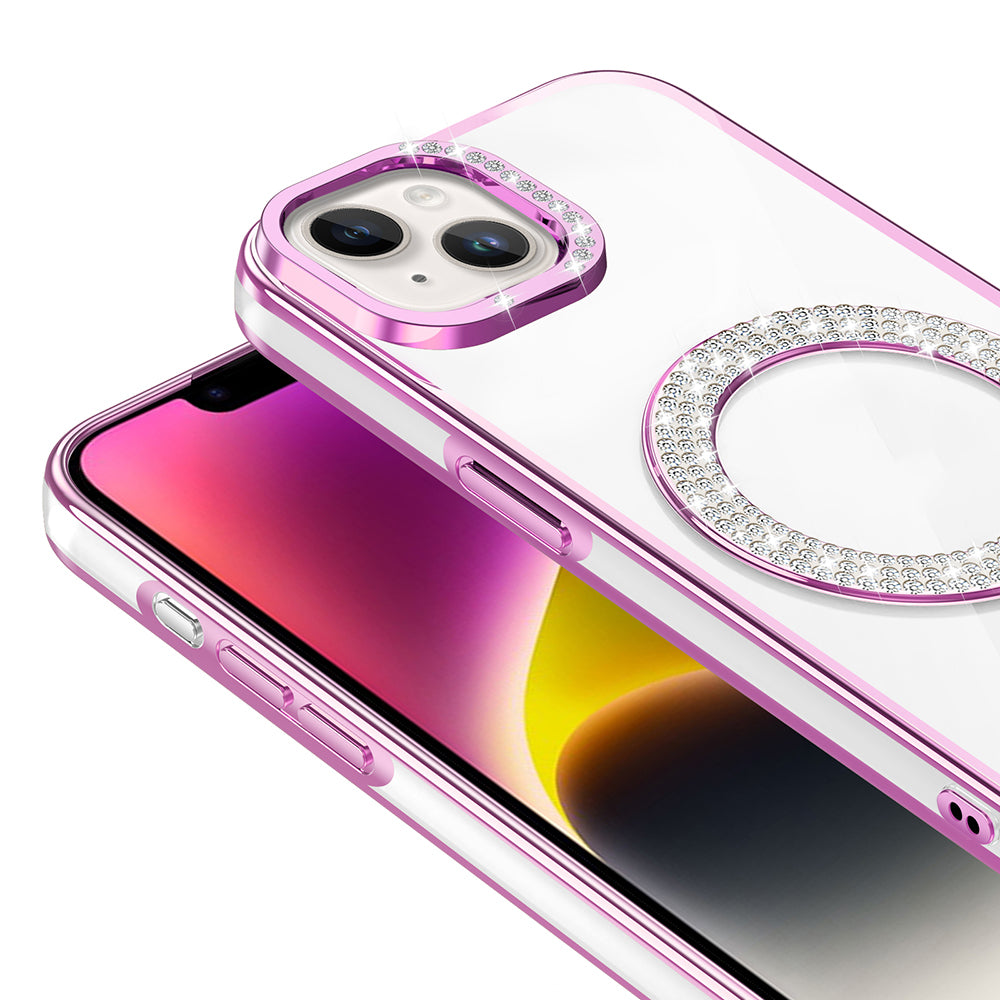 Apple iPhone 13 Kılıf Pırlanta Taş Tasarımlı M-safe Şarj Özellikli Zore Karetta Silikon Kapak Rose Gold
