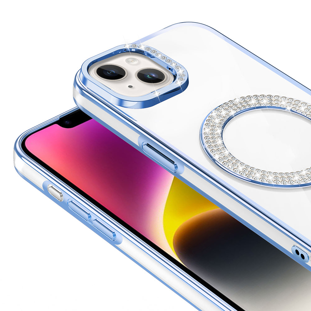 Apple iPhone 13 Kılıf Pırlanta Taş Tasarımlı M-safe Şarj Özellikli Zore Karetta Silikon Kapak Gümüş