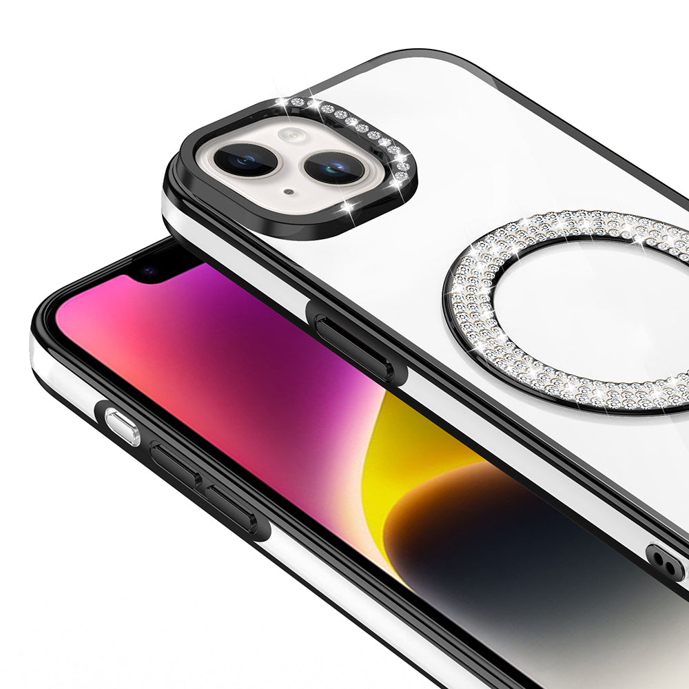 Apple iPhone 13 Kılıf Pırlanta Taş Tasarımlı M-safe Şarj Özellikli Zore Karetta Silikon Kapak Gold