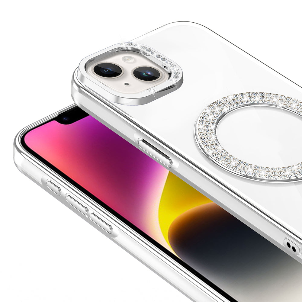 Apple iPhone 13 Kılıf Pırlanta Taş Tasarımlı M-safe Şarj Özellikli Zore Karetta Silikon Kapak Gümüş