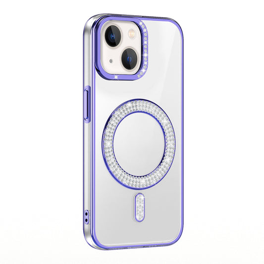 Apple iPhone 13 Kılıf Pırlanta Taş Tasarımlı M-safe Şarj Özellikli Zore Karetta Silikon Kapak Mor