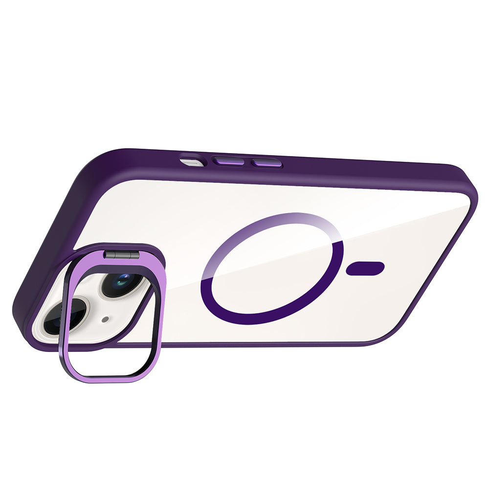 Apple iPhone 13 Kılıf Standlı ve Kamera Lens Hediyeli M-Safe Şarj Özellikli Zore Etro Kapak Derin Mor