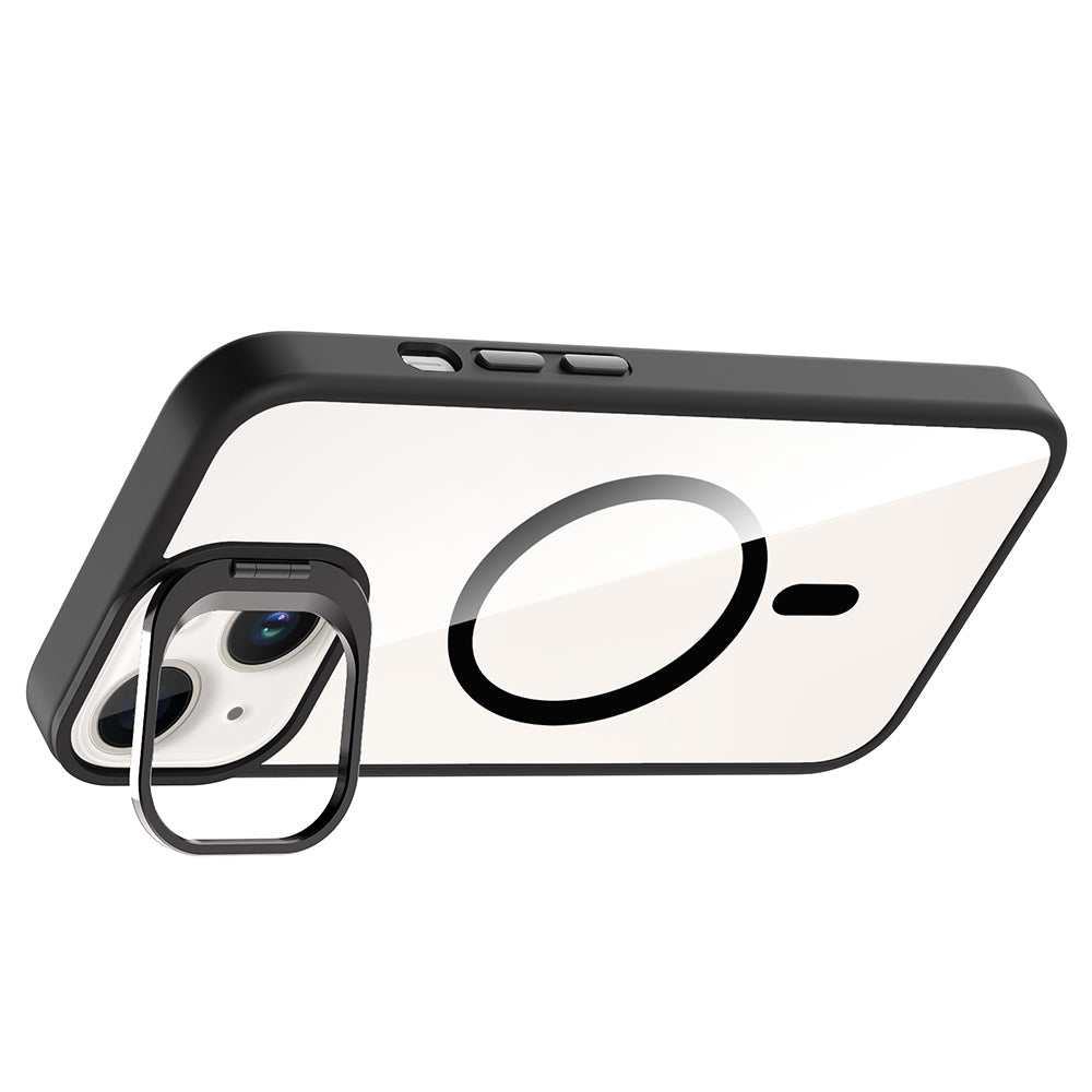 Apple iPhone 13 Kılıf Standlı ve Kamera Lens Hediyeli M-Safe Şarj Özellikli Zore Etro Kapak Lacivert