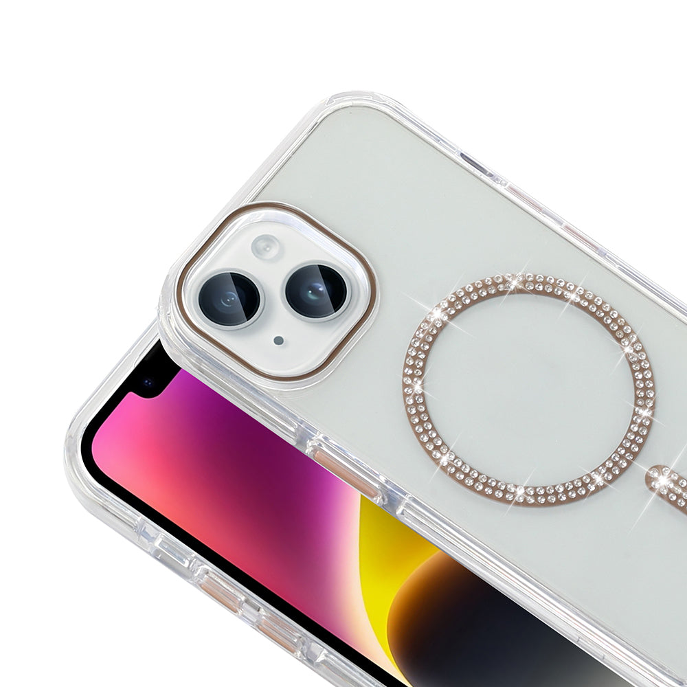 Apple iPhone 13 Kılıf Taşlı Tasarım M-safe Şarj Özellikli Zore Koment Silikon Kapak Gümüş