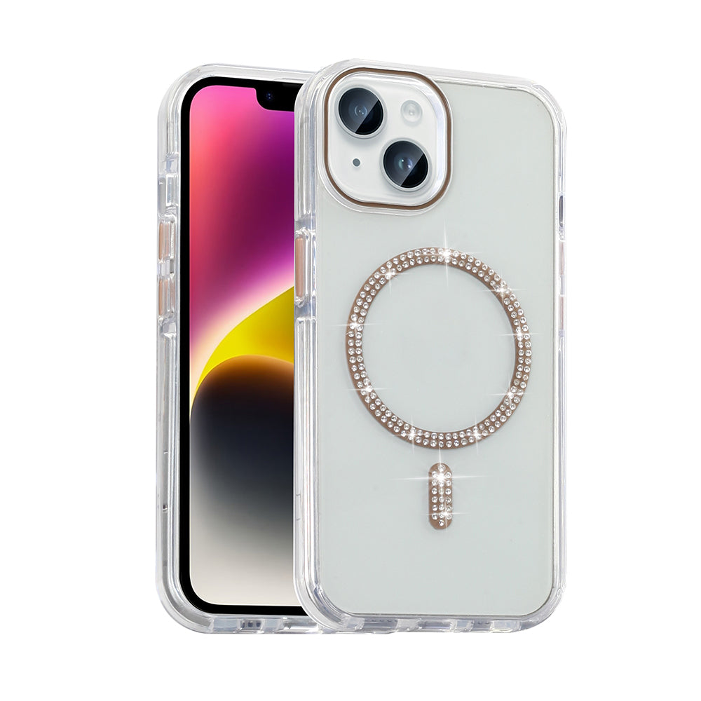 Apple iPhone 13 Kılıf Taşlı Tasarım M-safe Şarj Özellikli Zore Koment Silikon Kapak Gold