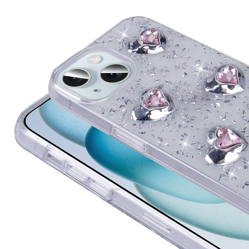 Apple iPhone 14 Kılıf Airbagli Simli Arka Yüzey Zore Işıltı Silikon Kapak Pembe