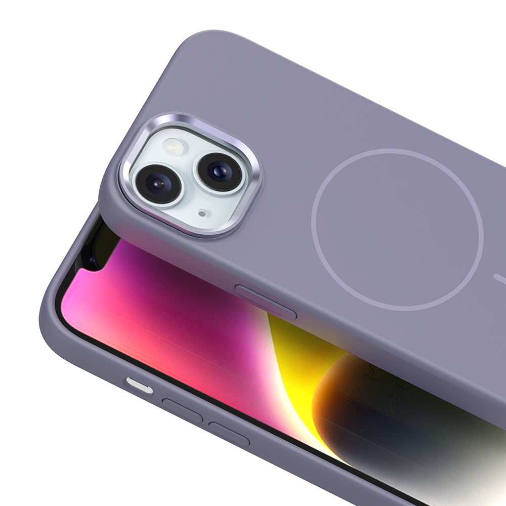 Apple iPhone 14 Kılıf M-Safe Şarj Özellikli Metal Kamera Çerçeveli Zore Edi Silikon Kapak Mor
