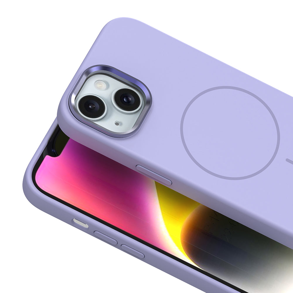 Apple iPhone 14 Kılıf M-Safe Şarj Özellikli Metal Kamera Çerçeveli Zore Edi Silikon Kapak Lila