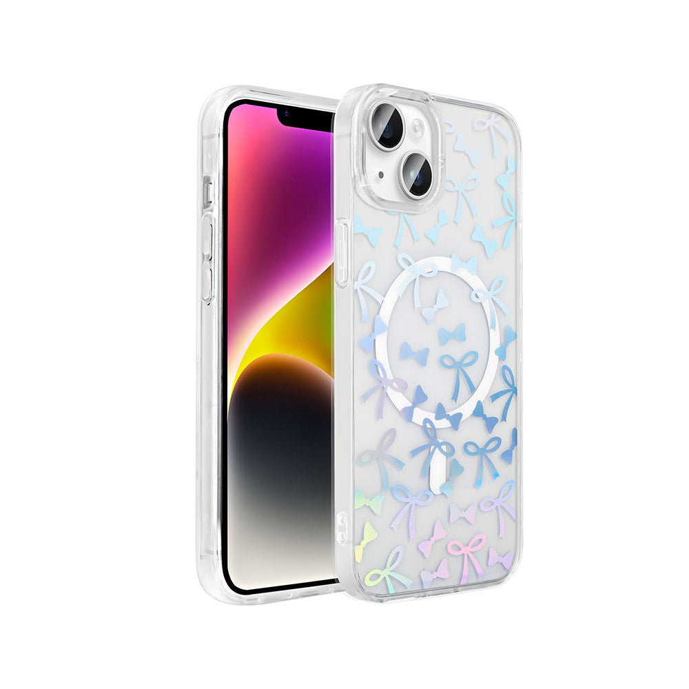 Apple iPhone 14 Kılıf M-Safe Şarj Özellikli Şeffaf Zore Folk Sert Kapak Fiyonk