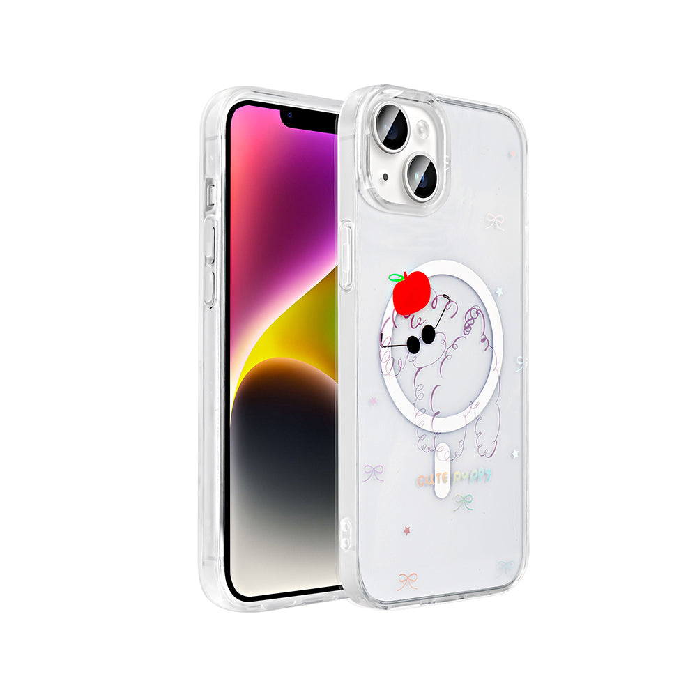 Apple iPhone 14 Kılıf M-Safe Şarj Özellikli Şeffaf Zore Folk Sert Kapak Sevimli Köpek